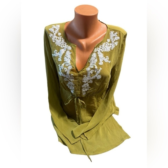 i.e. Women's 100% Silk Boho Gyspy Green Tunic Lace Empire Waist Size Medium - Picture 1 of 12